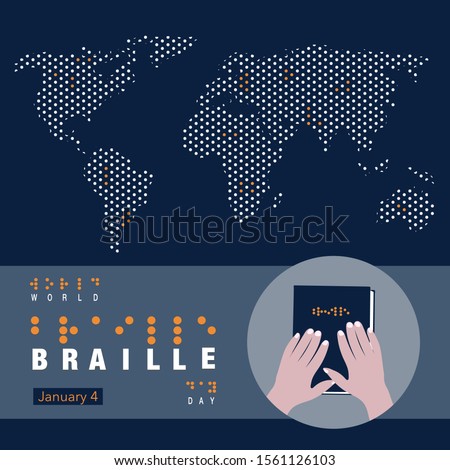 Creative banner/poster/ad/awareness campaign for World Braille Day on January 4. World map in the form of braille alphabets, hand touching the book, written Braille on it. 