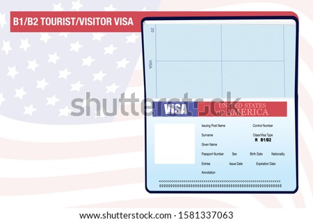 Vector Illustration of passport visa page for the type of B1/B2 Visa, which is visitor visa for the persons who want to enter the USA for business/tourism/medical purposes. American flag backdrop. 