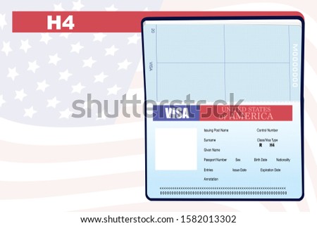 Passport/American VISA page for the Class R, Visa Type/H4, is issued to dependent family members (spouse and children) of H1 visa holders who would like to accompany the H1B visa holder. Copy Space 