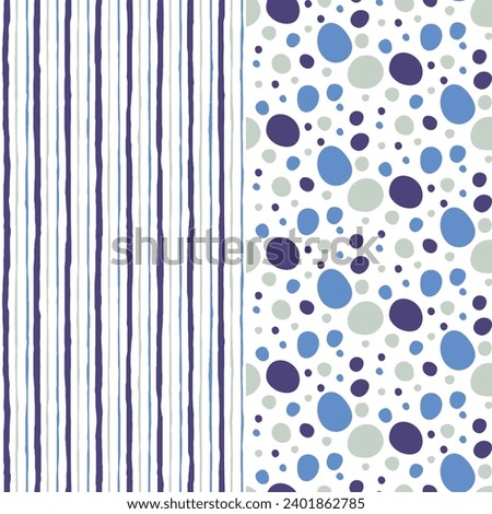 A set of two seamless patterns with hand drawn blue, light green dots, circles and lines for textile and surface pattern design
