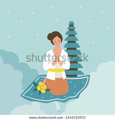 Balinese Woman Praying Vector Illustration