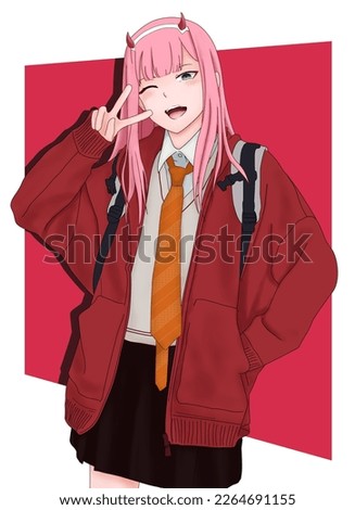 Zero Two From Darling In The Franxx peace sign pose with school uniform