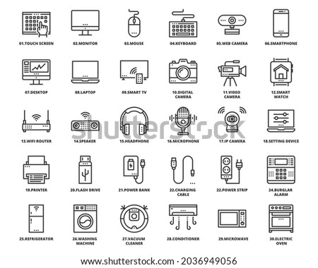 Home Electronics Devices Line Icon Symbol Design Simple Set For Using In Web Graphics Report Logo Infographics. Best Quality Outline Symbol Vector Collection 