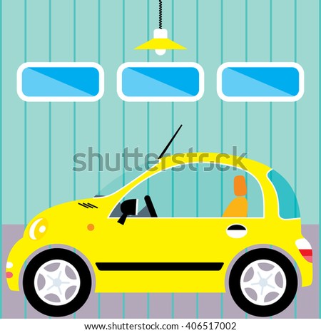 Cute small woman car in garage.  New car parking. Vector illustration.