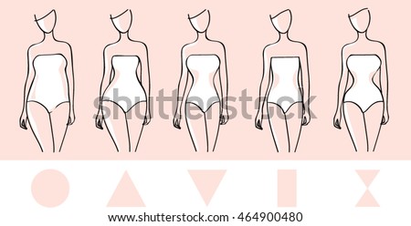 Woman body types. Round, triangle inverted triangle, rectangle shapes.  Female body shapes. Beauty vector illustration.