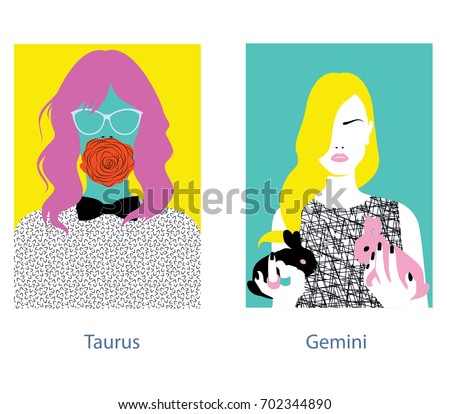 Taurus and gemini girl horoscope signs. Vector illustration. 