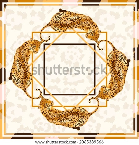 Leopard, jaguar wild big cat square frame print design background. Leopard pattern illustration for bandana, foulard, scarves, pillows, carpet…