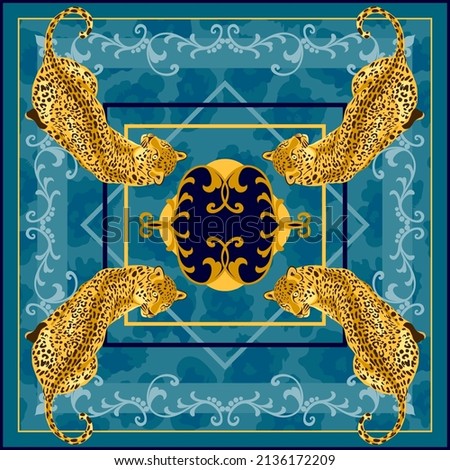 Leopard, jaguar wild big cat square frame, silk scarf design background. Baroque style pattern illustration for bandana, foulard, scarves, pillows, carpet...