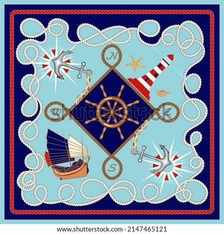 Silk scarf design with, rope, ship wheel, lighthouse, anchor, compass, marine elements. Nautical frame, travel concept pattern.