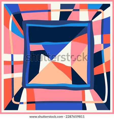 Geometric style abstract colorful shapes pattern design. Trendy pastel blue and pink color fashionable geometric silk scarf, bandana, foulard, hijab ornamental graphic design