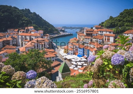 Image, Stock Photo Cityscape of Cudillero village, in the north of Spain. Cudillero is a charming village in Asturias, placed on a hill of the Atlantic coastline, with picturesque architecture and touristic restaurants and corners