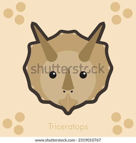 Simple animal design with cute round face, brown color baby Triceratops dino dinosaur head with eyes and ears. Various expressions, 3 three horns, lived in ancient times before the ice age, extinct
