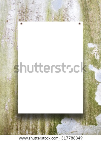 Digital background: one paper sheet with two nails-gray brown green ocher black white-grungy scratched concrete wall background