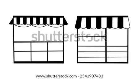 Fair market stalls empty space. Street shops vendor booths and farm market food counters. Hand drawn style isolated vector clipart collection. Market Stall Line Design