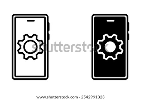 Mobile phone repair black and white flat vector icon design. Mobile phone setting symbol and clip art. Customizable thin and black line illustration. 