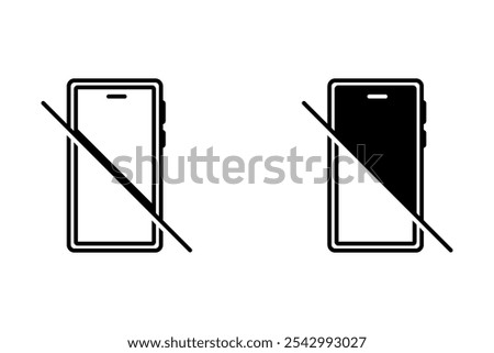 no phone icon, cellphone prohibited, off mobile please, stop using device, ban zone, thin line symbol on white background 