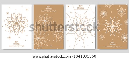 Golden Christmas cards set. Set of Christmas new year winter holiday greeting cards with xmas decoration. Abstract trendy illustration in minimalist hand drawn flat style. Vector illustration. 