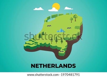 Netherlands 3d isometric map with topographic details mountains, trees and soil vector illustration design