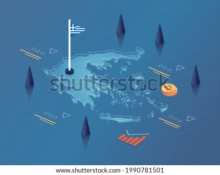 Greece Map, Flag and Currency Modern Isometric Business and Economy Vector Illustration Design