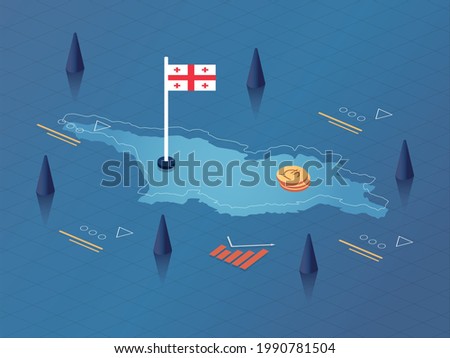 Georgia Map, Flag and Currency Modern Isometric Business and Economy Vector Illustration Design