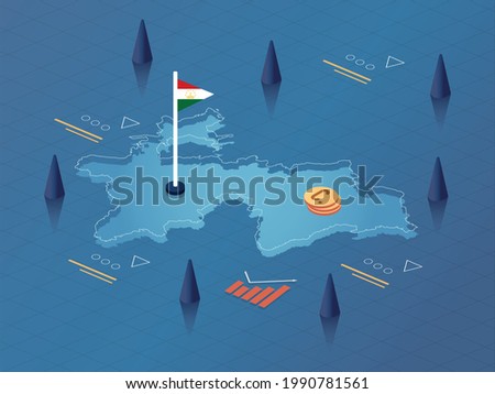 Tajikistan Map, Flag and Currency Modern Isometric Business and Economy Vector Illustration Design