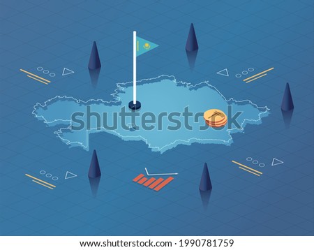 Kazakhstan Map, Flag and Currency Modern Isometric Business and Economy Vector Illustration Design