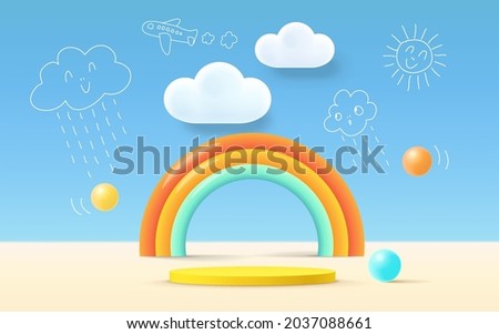 3D rendering podium kid style, colorful background, clouds and weather with empty space for kids or baby product