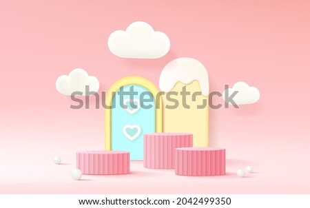 3D rendering podium kid style with pastel color background, clouds and weather with space for kids or baby product
