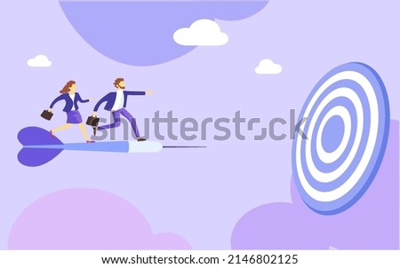Business Marketing illustrations. Scene with man and woman run towards the goal of success business. Trendy vector style