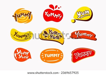 Vector yummy, Speech bubbles hand drawn collection,
cute icon, talking bubble stickers with fun style
