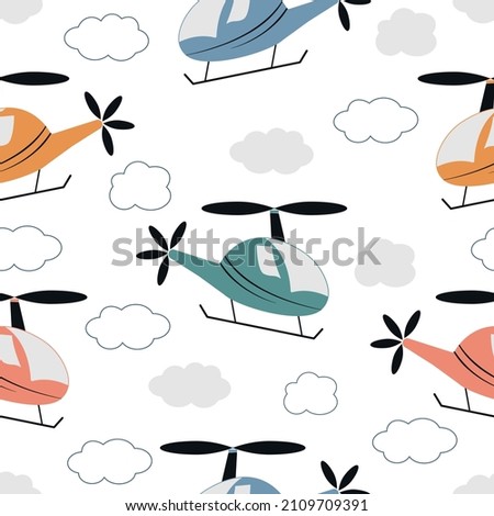 Cartoon flying helicopters and clouds seamless children pattern. Cute air transport in the sky. Vector illustration for a boy and a girl in Scandinavian style. Toy air transport.