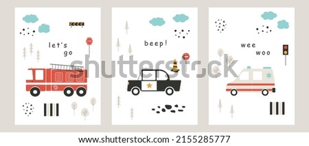 Hand drawn baby city cars. Funny fire truck, ambulance and police car. Vector set cute transport for textiles, wallpapers, postcards. Wall art nursery. Cartoon poster collection. Baby print vehicles.