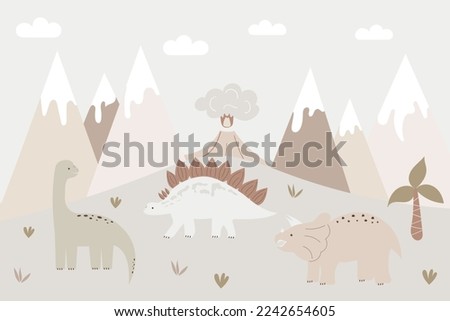 A hand drawn baby poster with dinosaurs and mountains. Funny vector illustration for decorating the walls of the nursery. Trendy design in Boho style. Mountain landscape in pastel colors. Bohemian art