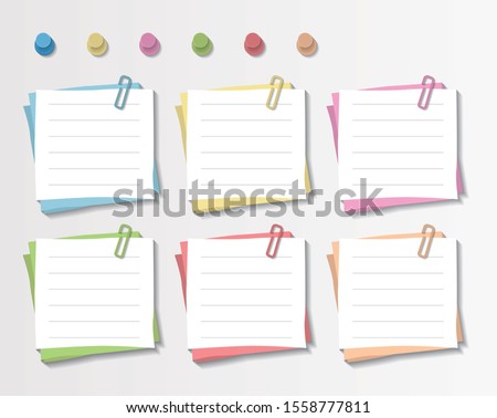 Set Of Four Colorful Sticky Notes and pins. Paper clips. ready for your message. Memo notes icons. Realistic vector illustration. Isolated on white background. Front view. Close up.