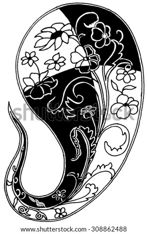 hand painted isolated black and white paisley