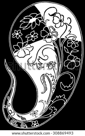 hand painted isolated black and white paisley in black background