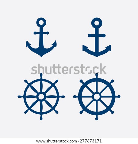 Anchors and steering wheel / ship wheel icons set - Nautical symbols. Vector illustration