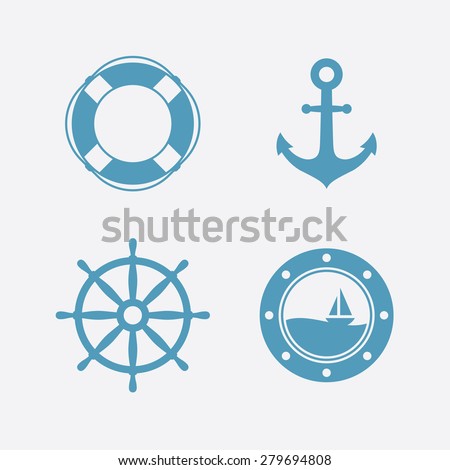 Nautical icons set. Lifebuoy, anchor, steering wheel, porthole. Vector illustration