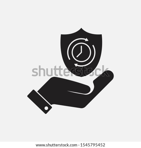 Protected guard shield clock icon . Protection and time icon in a hand. Filled vector icon. Timing protection concept