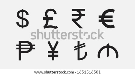 Currency icons. Collection of currency symbols - dollar, pound, rupee, euro, peso, yen, lira, manat icons set. Filled vector icons.