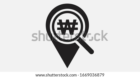 Location , South Korean Won icon and search icon. Looking for money. Search South Korean Won money. South Korean Won icon with magnifying glass icon.