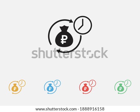 Time is money icon. Business design. Financial item icon. Money and time icon. Banking vector. Russian ruble, money bag and clock icon. Set of colorful flat design icons