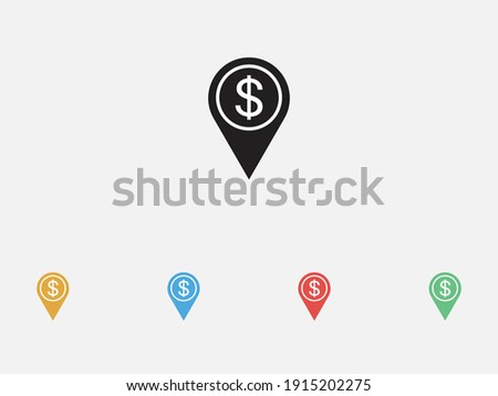 Dollar pointer icon. Dollar with location icon. Dollar map marker. Dollar exchange map marker filled vector icon. Set of colorful flat design icons