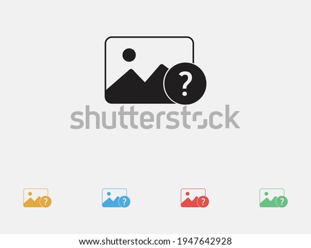 Photo with question mark vector icon. Filled icon. Vector illustration sign. FAQ Photo. Photo support icon. Set of colorful flat design icons