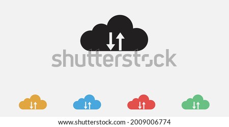 Cloud download and upload icon. Up and down arrows. Filled vector icon. Set of colorful flat design icons