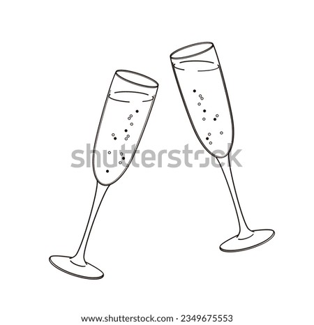 Pair champagne glasses Black and white outline vector illustration