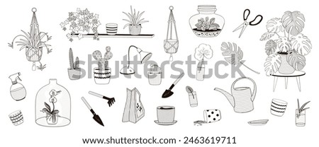 set elements about indoor greenery and home plants with plant pot, plants, watering can, grow lamp black and white outline vector illustration