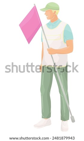 smiling golf club staff character  male caddie with flag