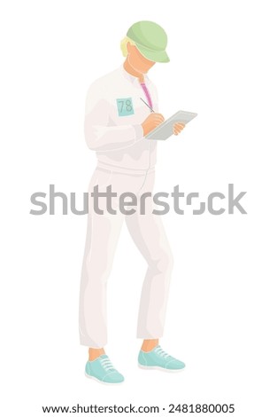 smiling golf club staff character  female caddie with clash notebook