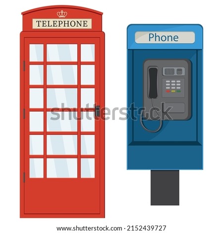 Red and blue telephone booth, color vector isolated cartoon-style illustration